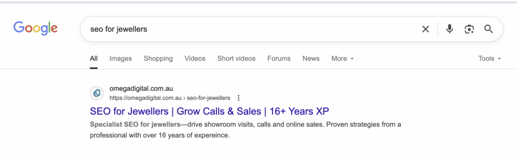 Ranking first on Google for "SEO FOR JEWELLERS"
